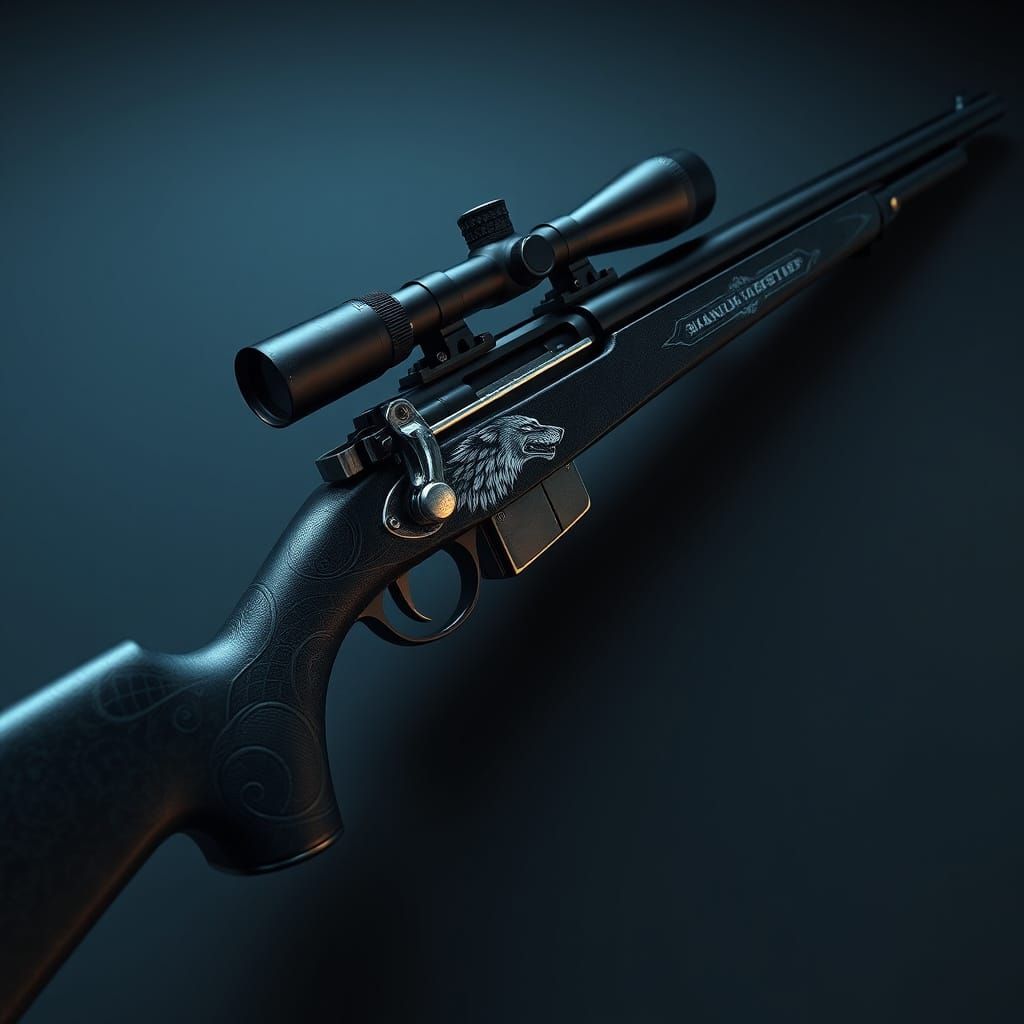 Dark Fantasy Marksman Rifle with Intricate Wolf Inlay
