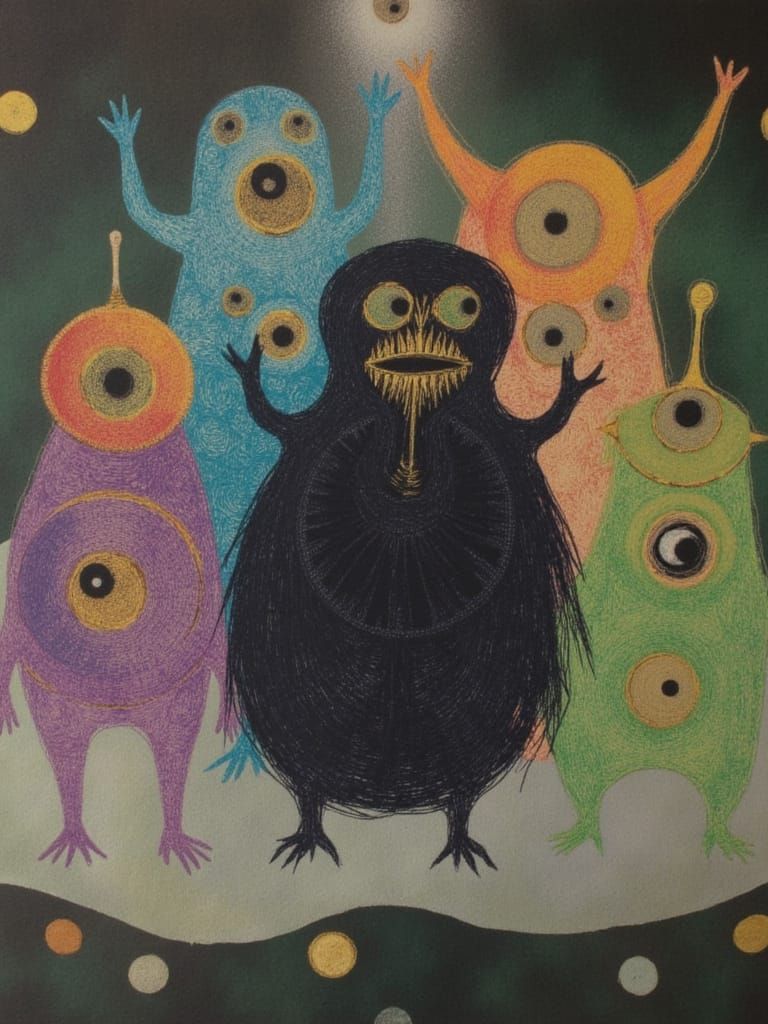 Surreal Critters Celebrate with Golden Inks and Fire Dances