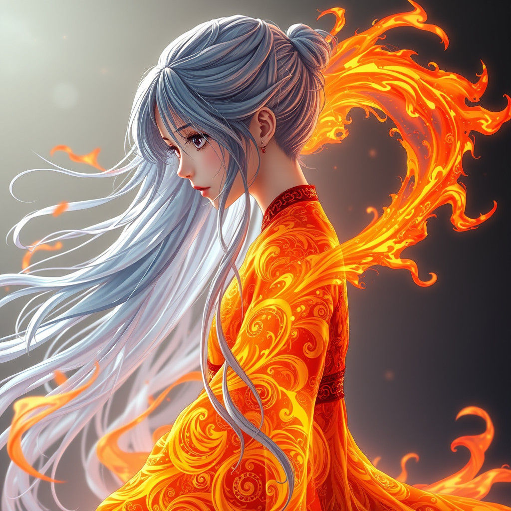Girl with Water Hair and Flame Dress in Anime Style