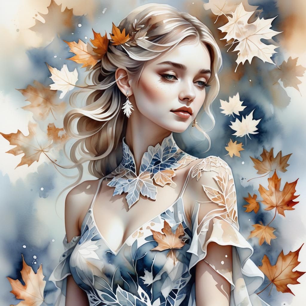 Ethereal Maple Girl in Monochromatic Watercolor Art