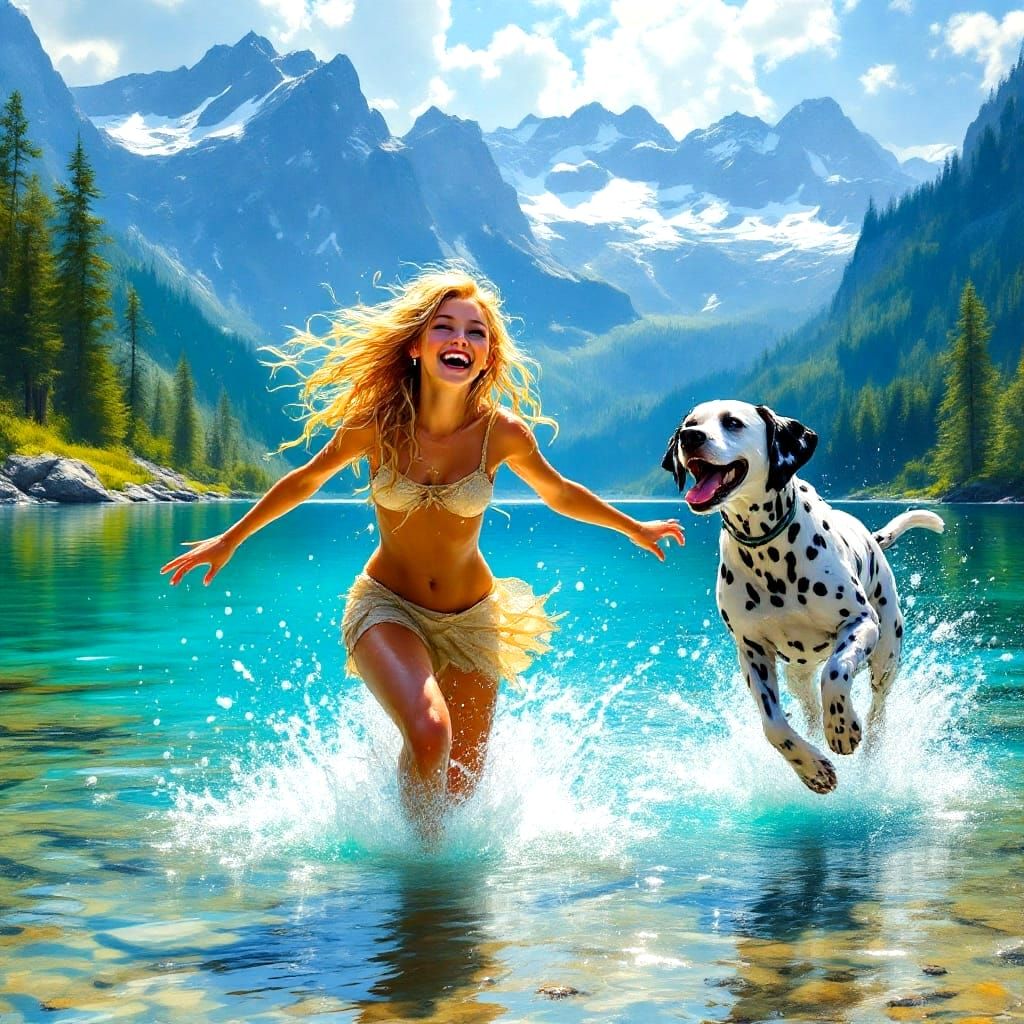 Vibrant Oil Painting of a Joyful Blond Elf Girl and Her Dalm...