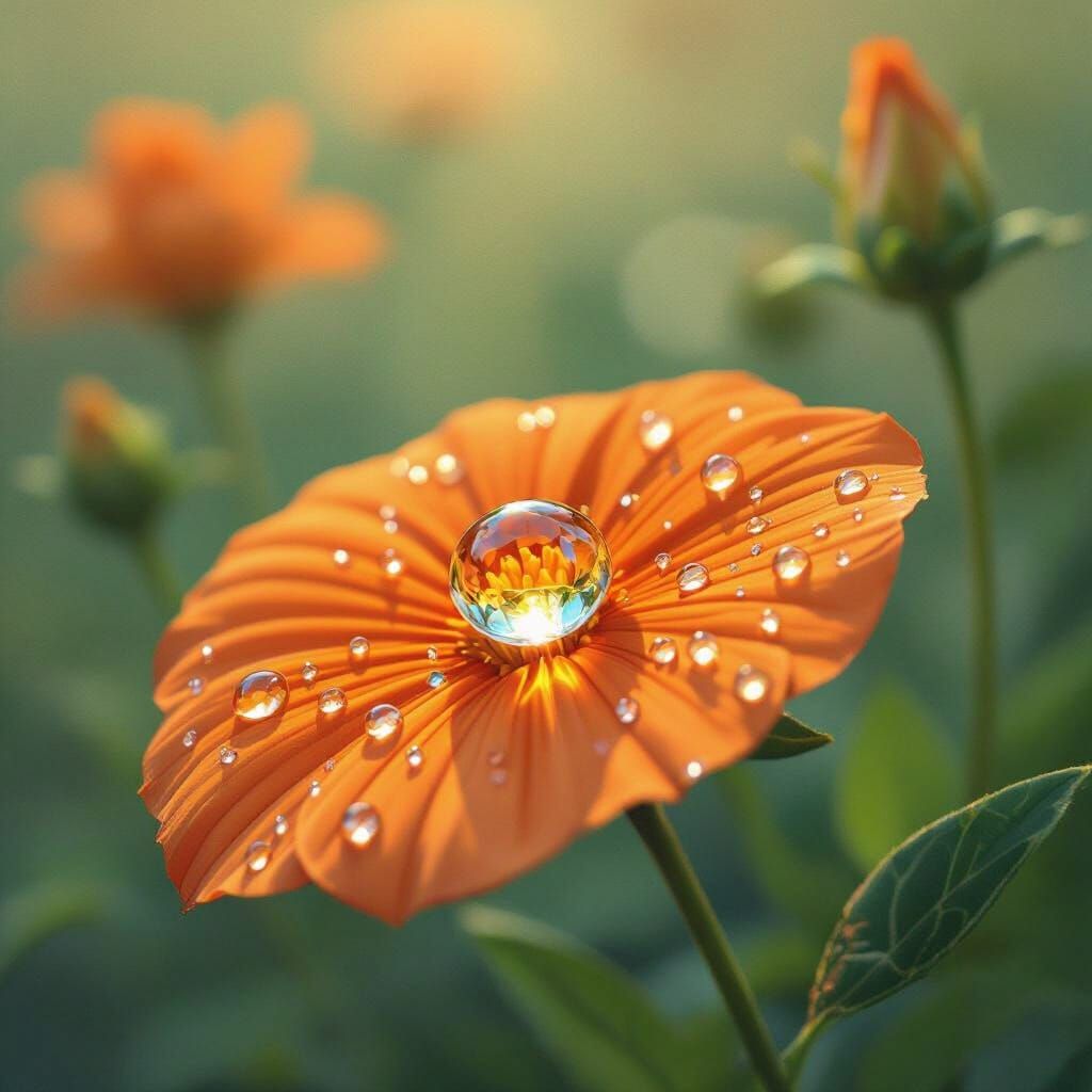 Water Droplet Reflecting Enchanted Garden in Botanical Style