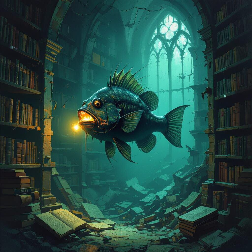 Bioluminescent Anglerfish in Sunken Gothic Library