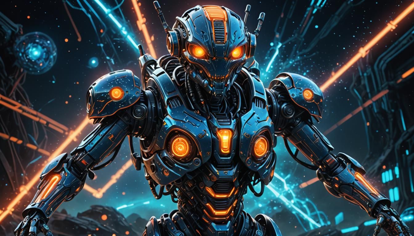 Biomechanical Alien Robot in Cosmic Neon Landscape