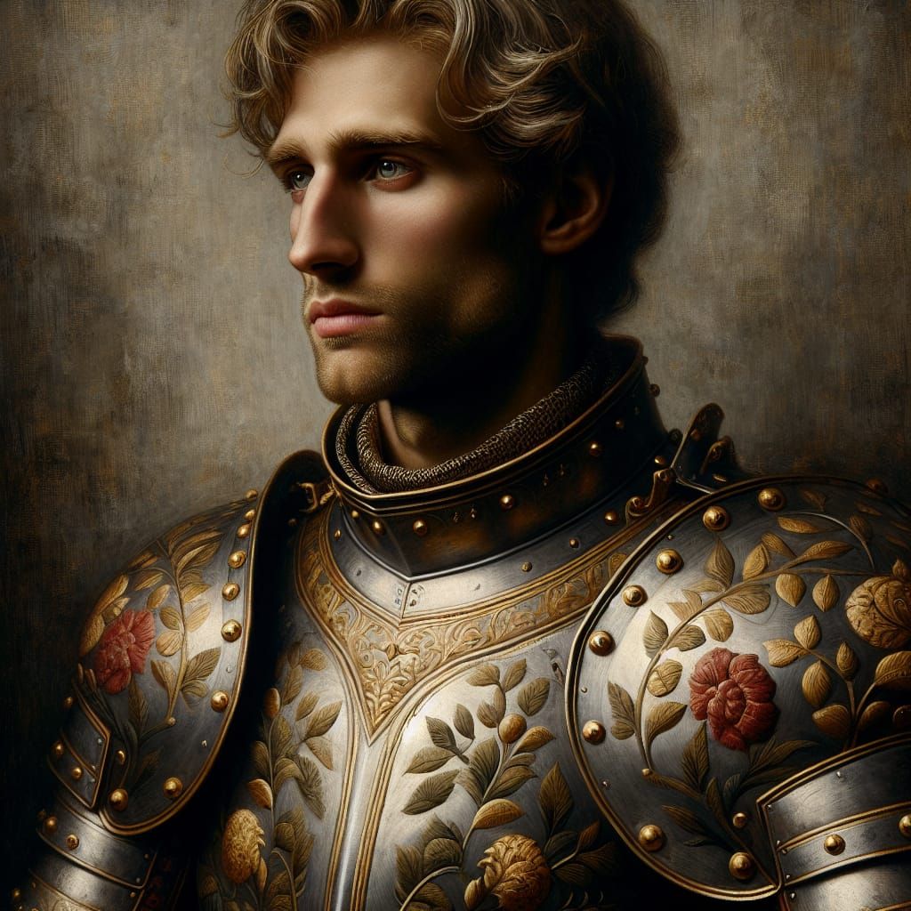 Portrait of a male Knight in a flowery armour in the style o...