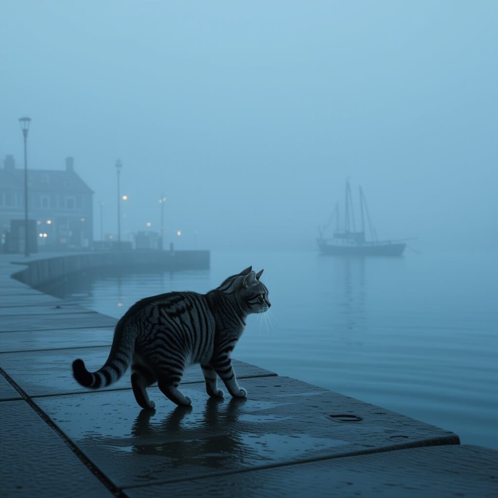 Misty Harbor: Gray Tabby Cat in Atmospheric Dusk