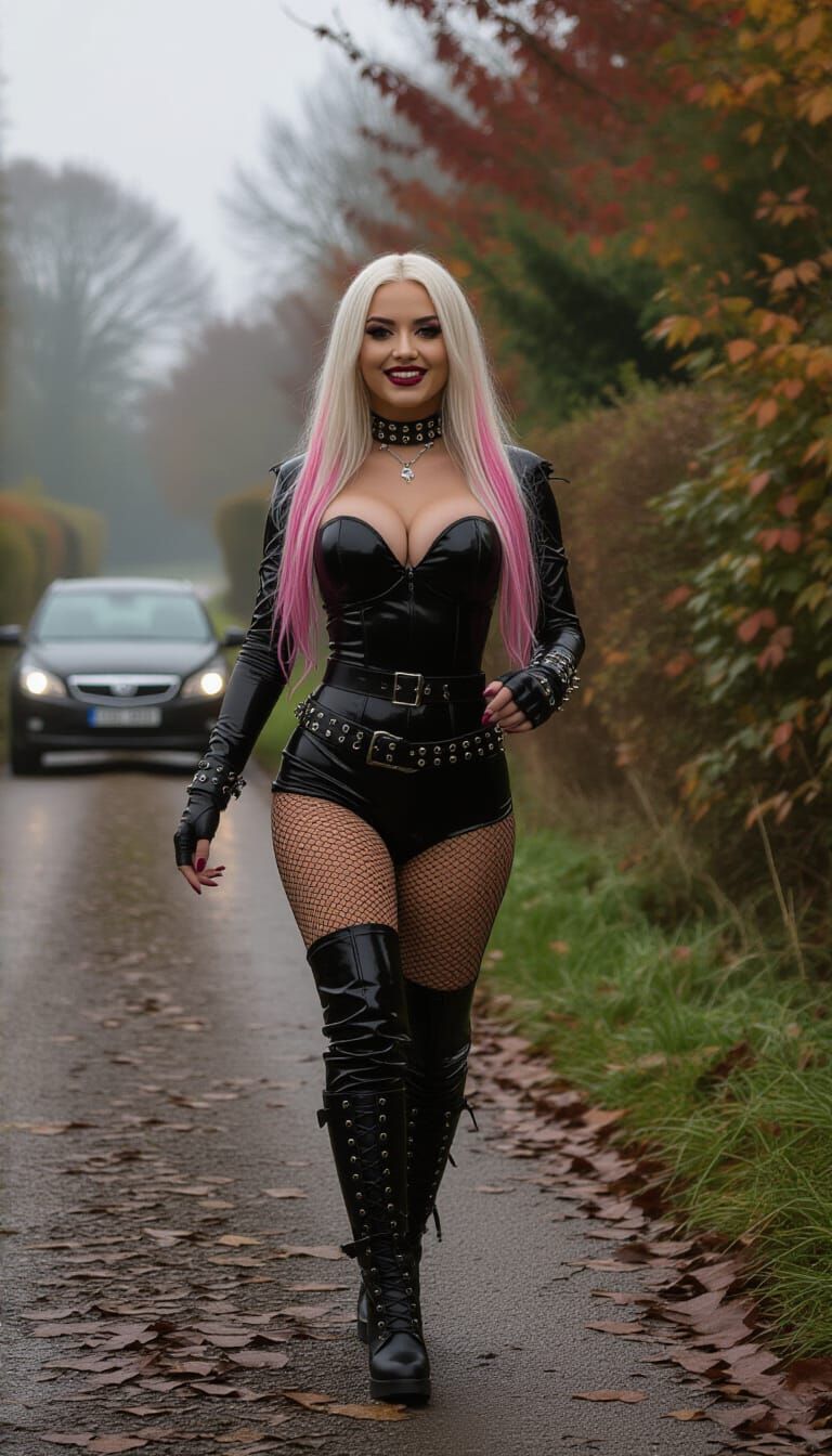 Goth Woman Running in Misty Dawn Country Lane