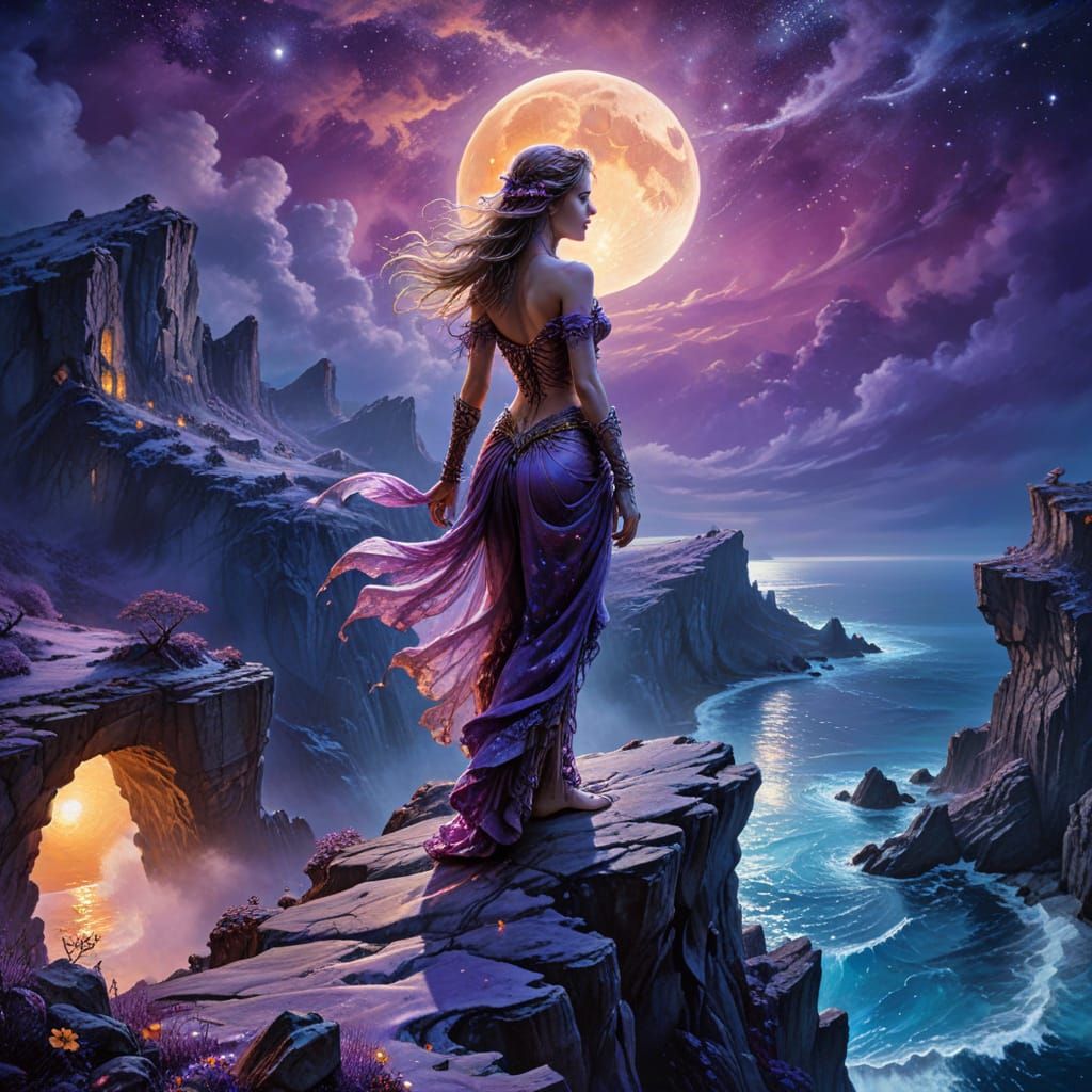 Ethereal Woman Stands on Cliff Overlooking Purple Sea in the...