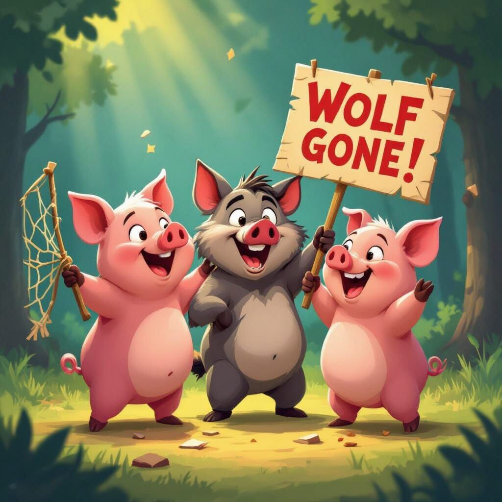 Three Little Pigs Celebrate Wolf's Defeat Cartoon Style