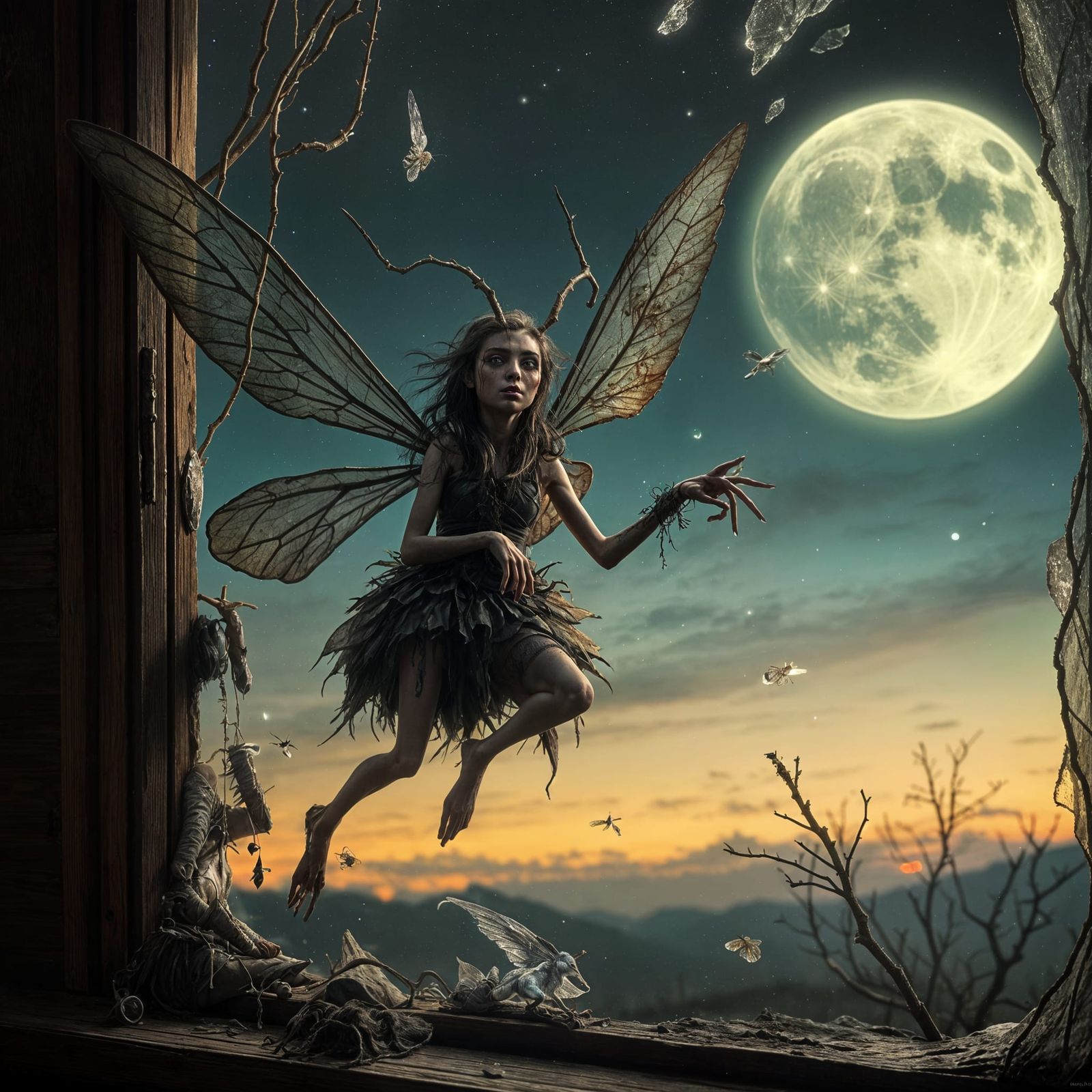 Dark Fairy Amidst Twilight Noctilucent Landscape