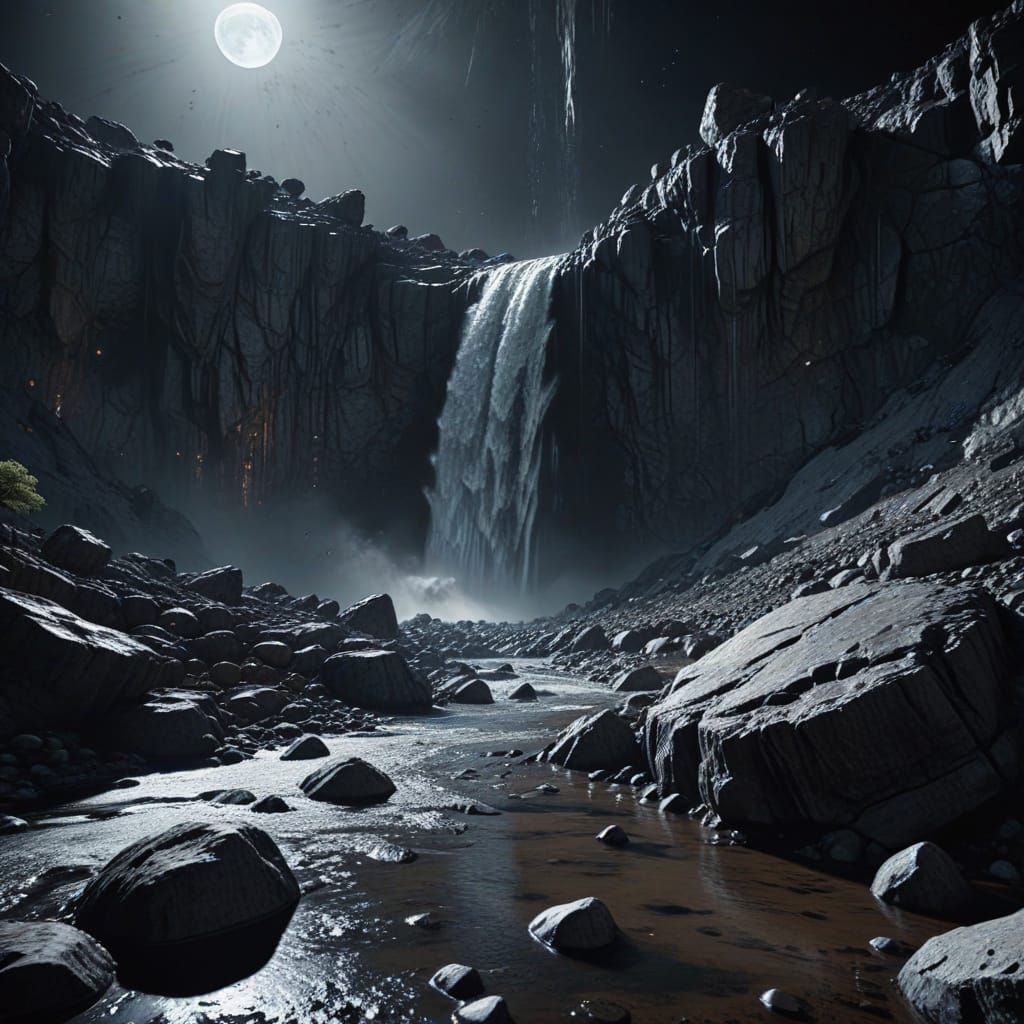 Spectacular Lunar Waterfall in Photorealistic Sci-Fi Art