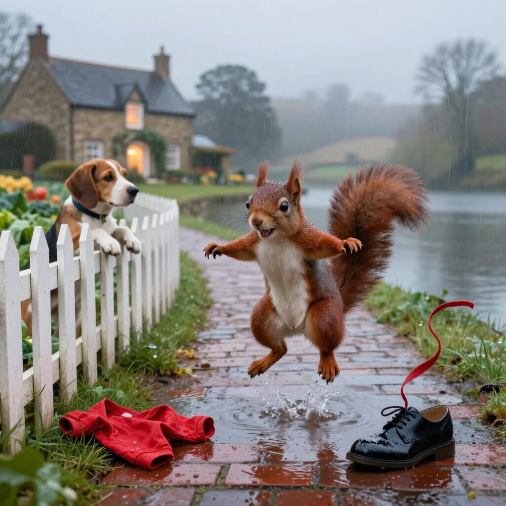 Joyful Squirrel Dances in Rain, Watched by Dog