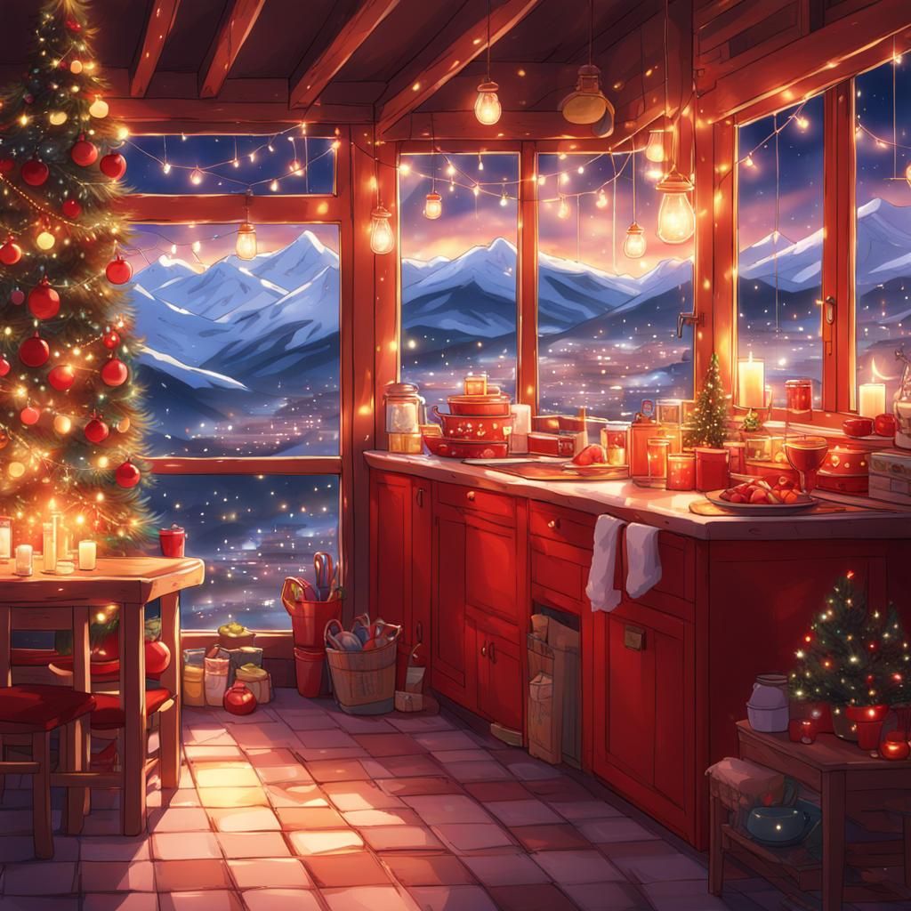 Cozy Christmas Kitchen with Mountain View, Anime Style