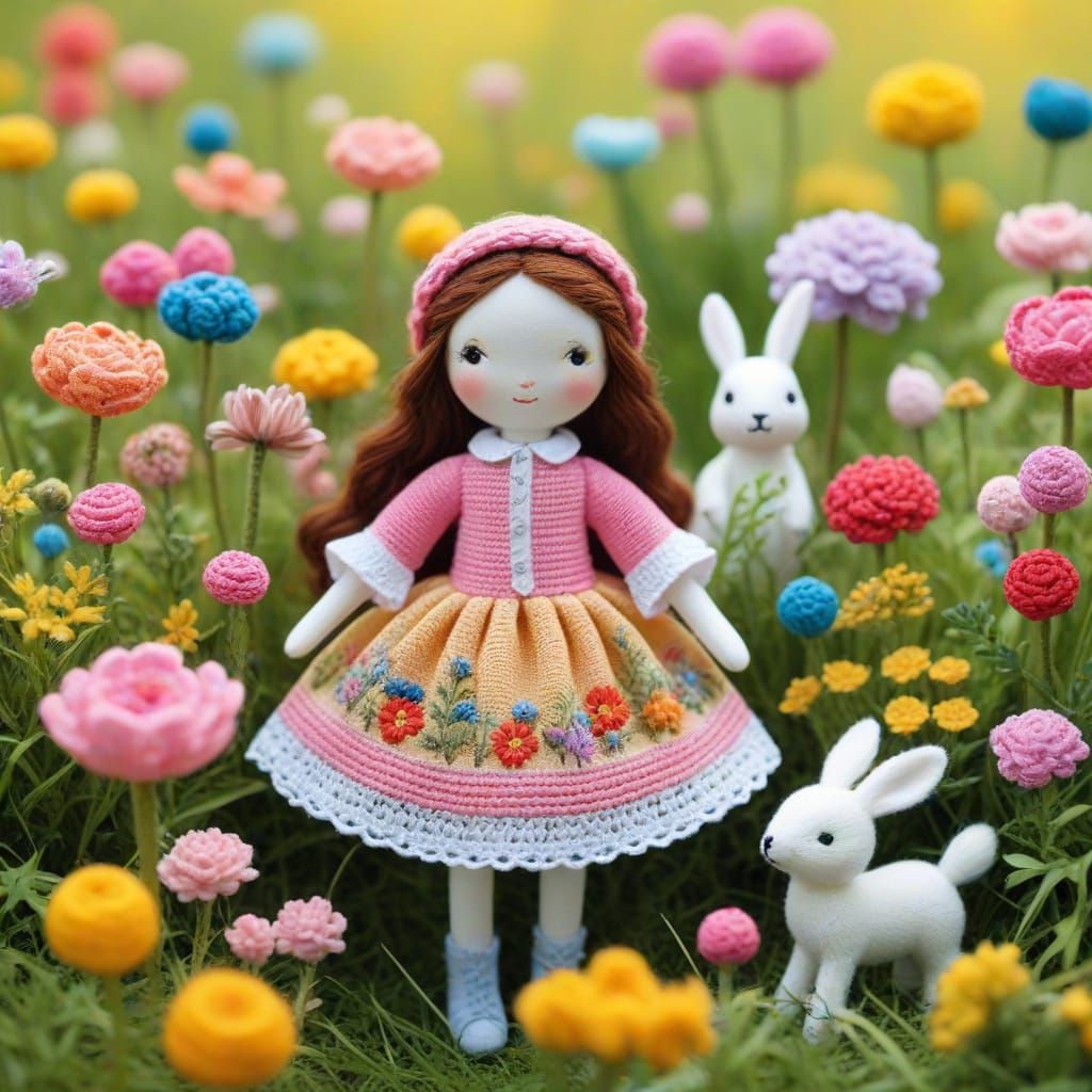 Whimsical Crochet Doll in Idyllic Meadow Scene