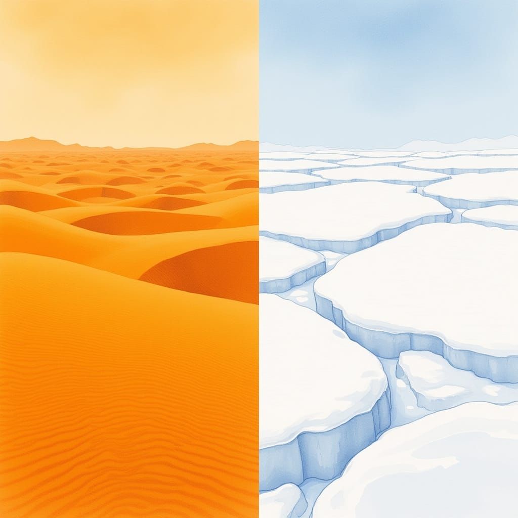 Flaming Desert Meets Snowy Ice Sheet in Watercolour