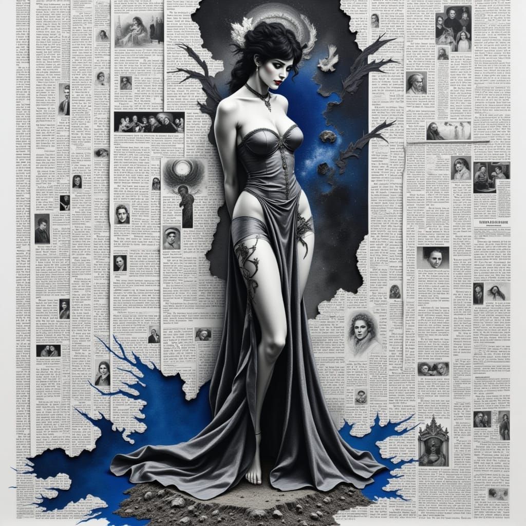 Graphite Demoness in Newspaper Collage