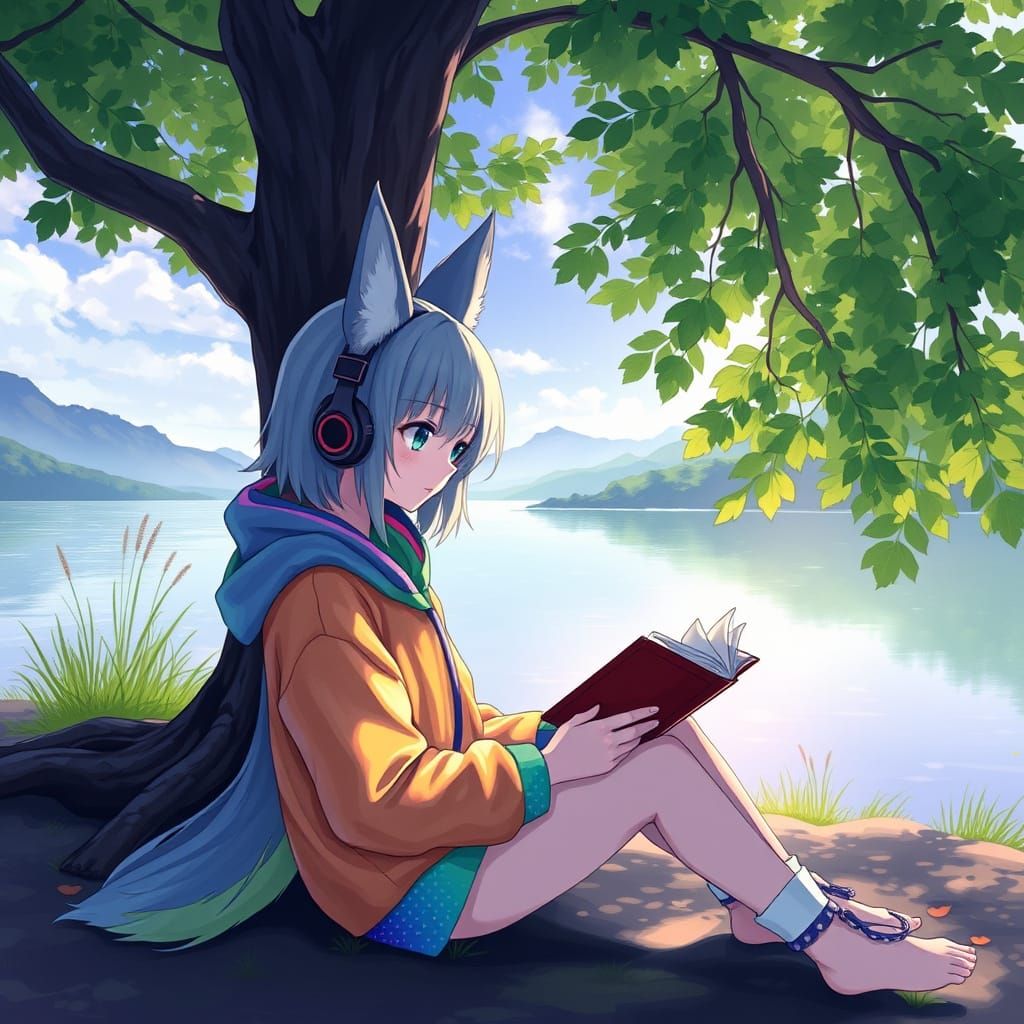 Anime Girl with Fox Ears Reading by Lake in Watercolor