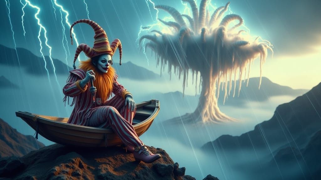 Surreal Alien Clown Faces Stormy Mountain Peak in HyperReali...