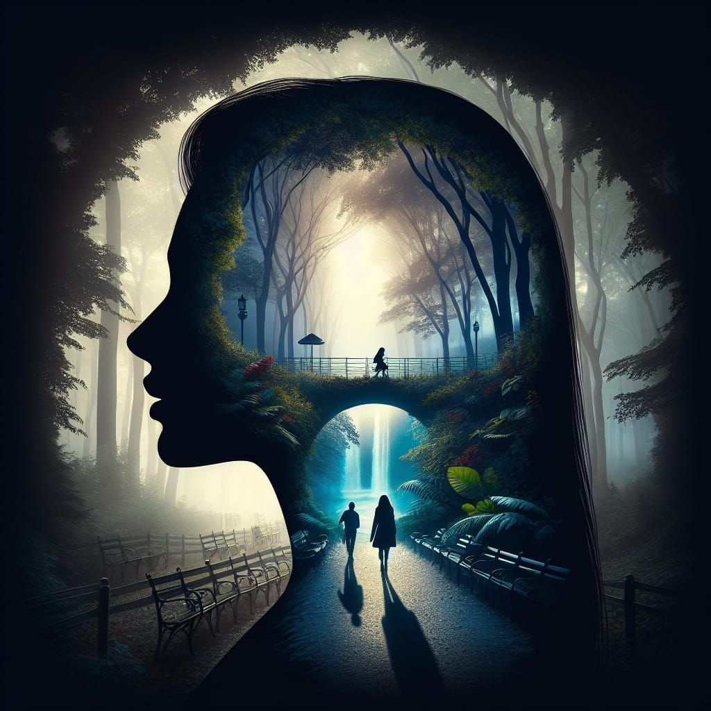 Silhouette Profile with Lovers in Ethereal Park