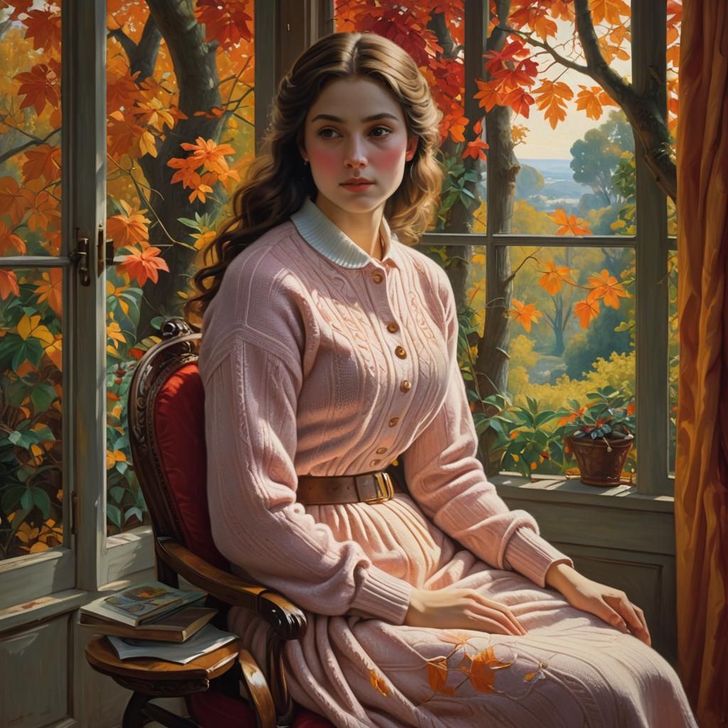 Woman in Sweater by Window as Oil Painting