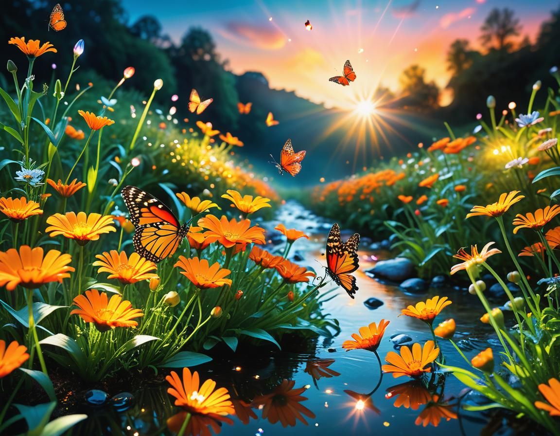 Dreamy Orange Flower Field: Surreal Neon Fantasy