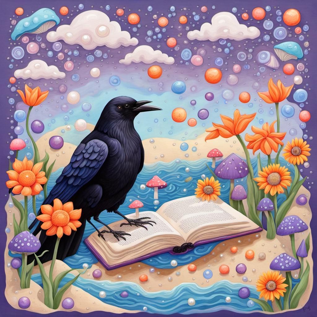Crow Reads Book in Candyland Gouache Wonderland
