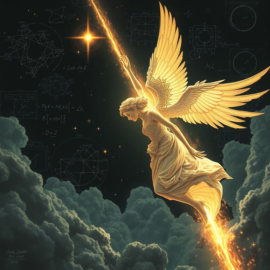 Winged Angel Falling Star in Art Nouveau Style