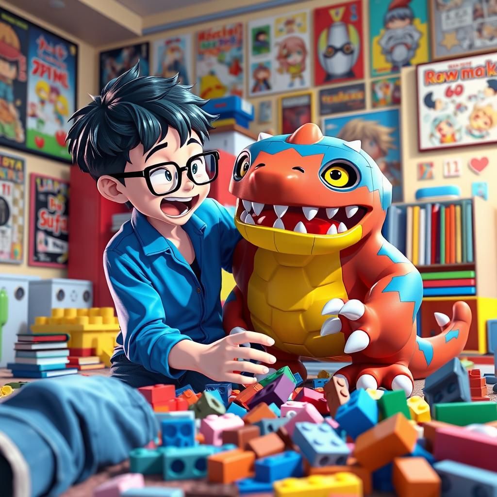 Enthusiastic Geek Plays with Lego Monster in Anime Style