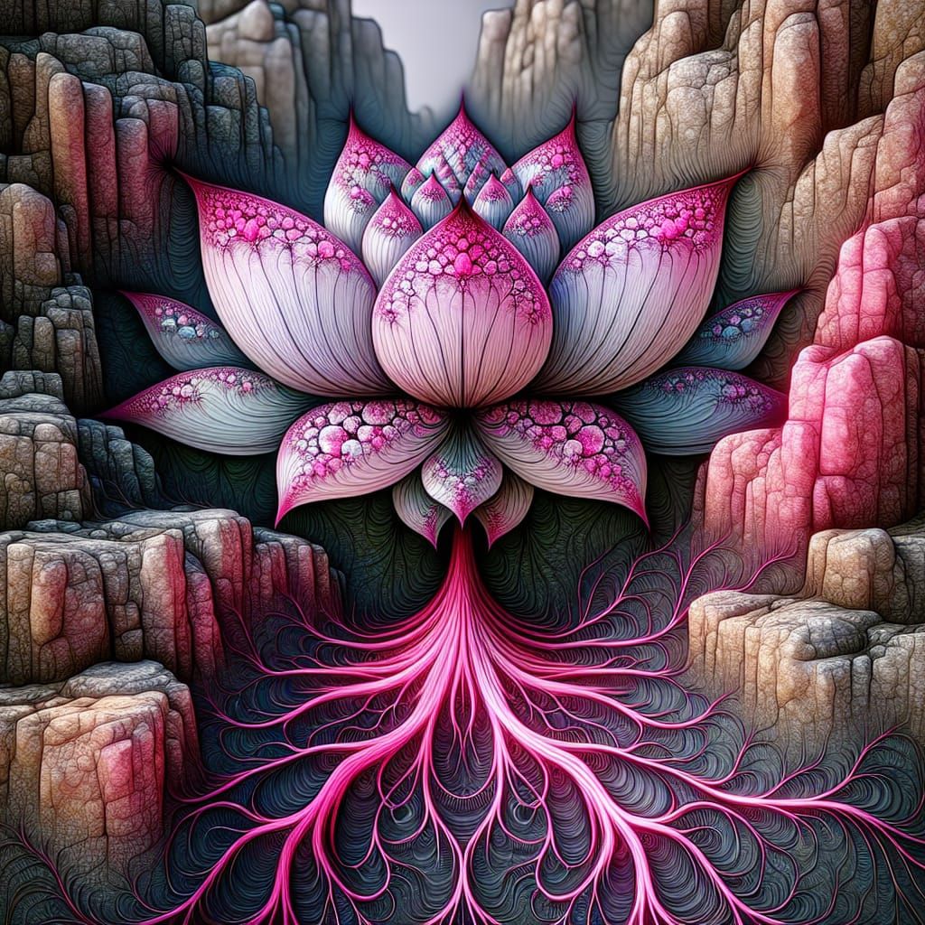 Pink Rock Lotus Flower in Abstract Fractal Zentangle