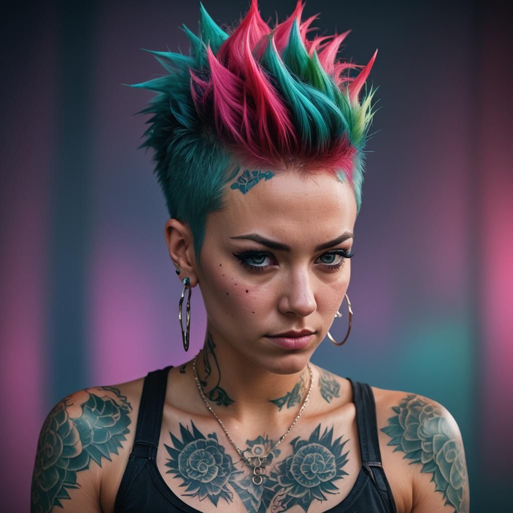 Urban Woman with Neon Hair and Tattoos