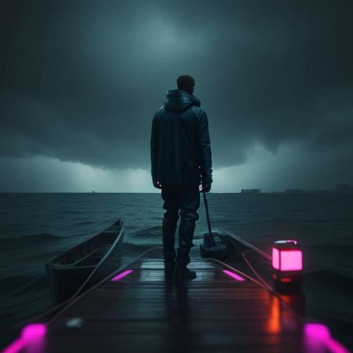 Cinematic Film Still of Lone Figure on Stormy Sea