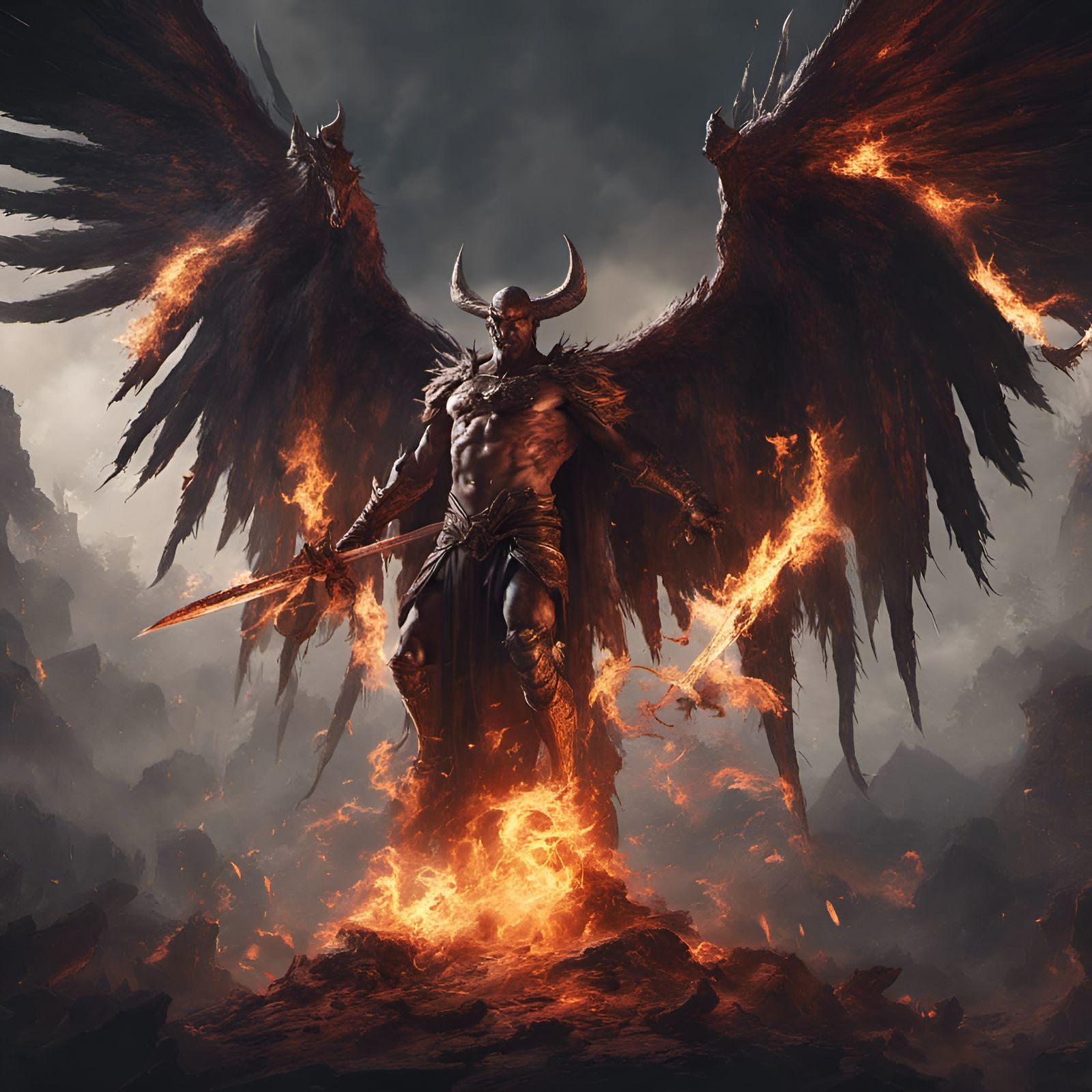 Lucifer with Flaming Sword: Dark Fantasy Concept Art