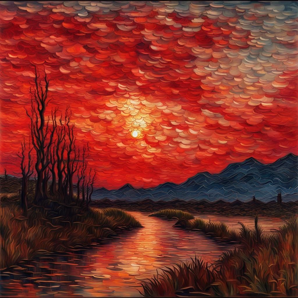Red Night Sky Van Gogh Painting with Cracked Glass