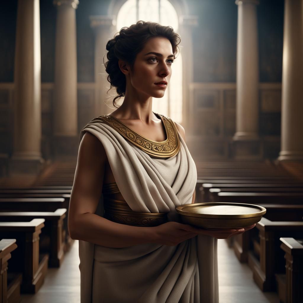 Beautiful Greek Woman Holding Scale in Courtroom