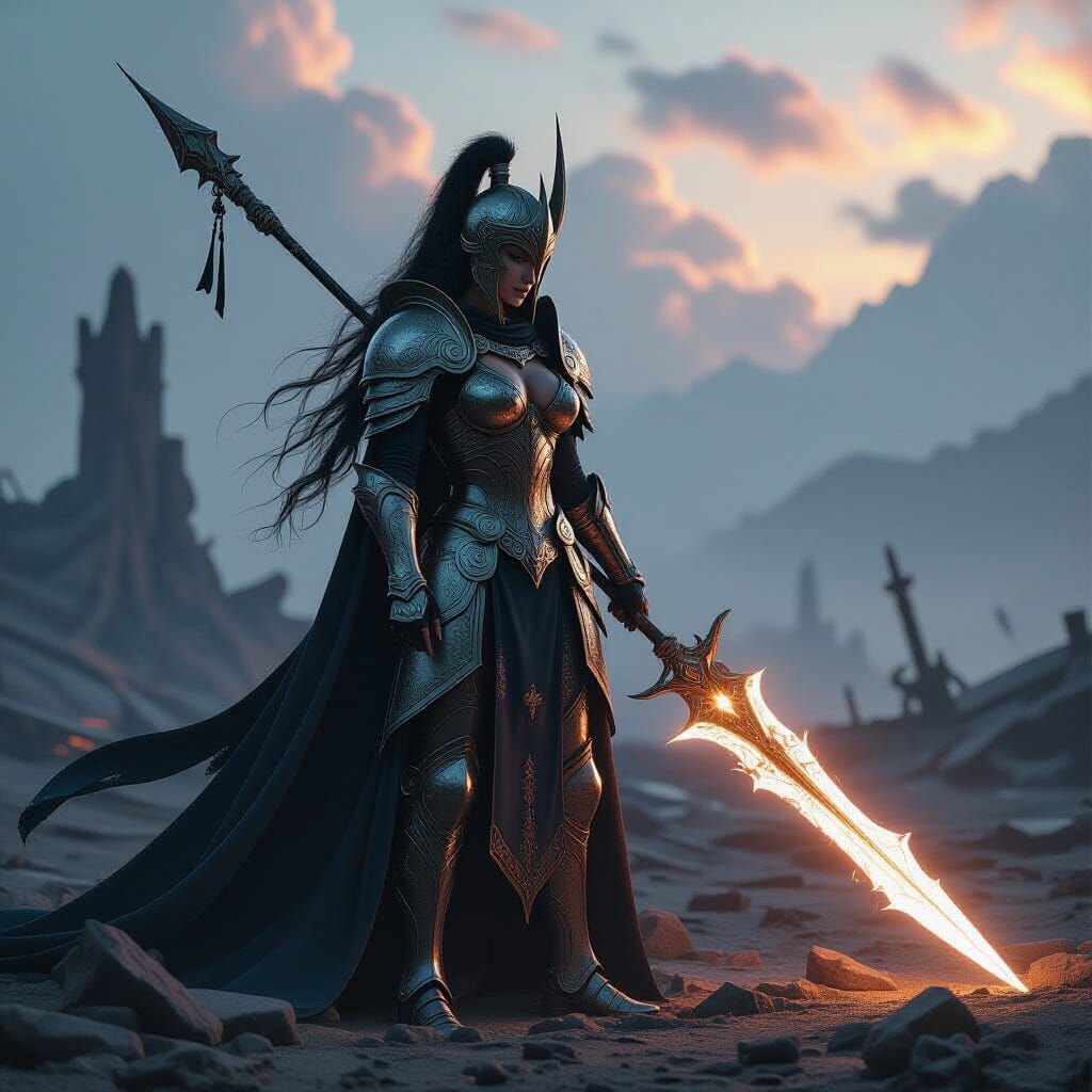 Valkyrie Warrior on Battlefield in Dark Fantasy Style