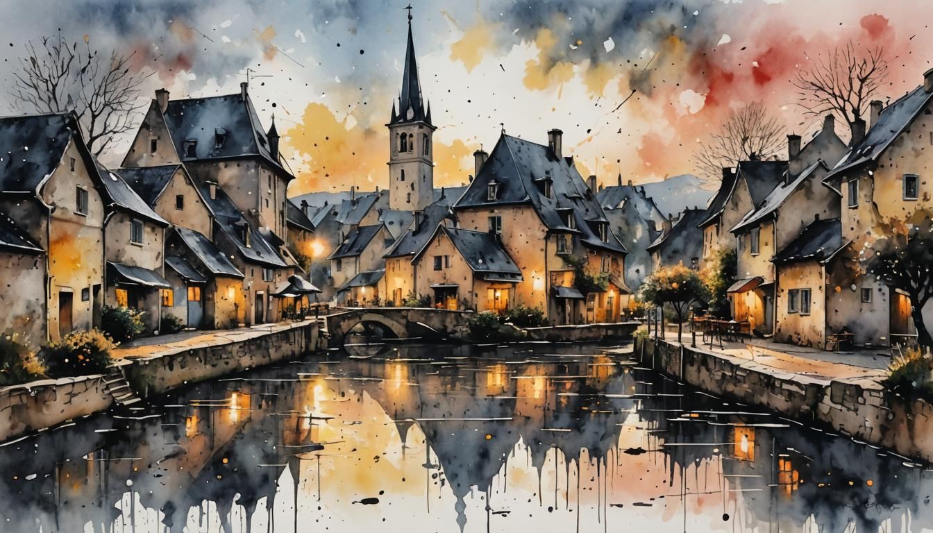 French Village at Dawn in Ink Splatter Art