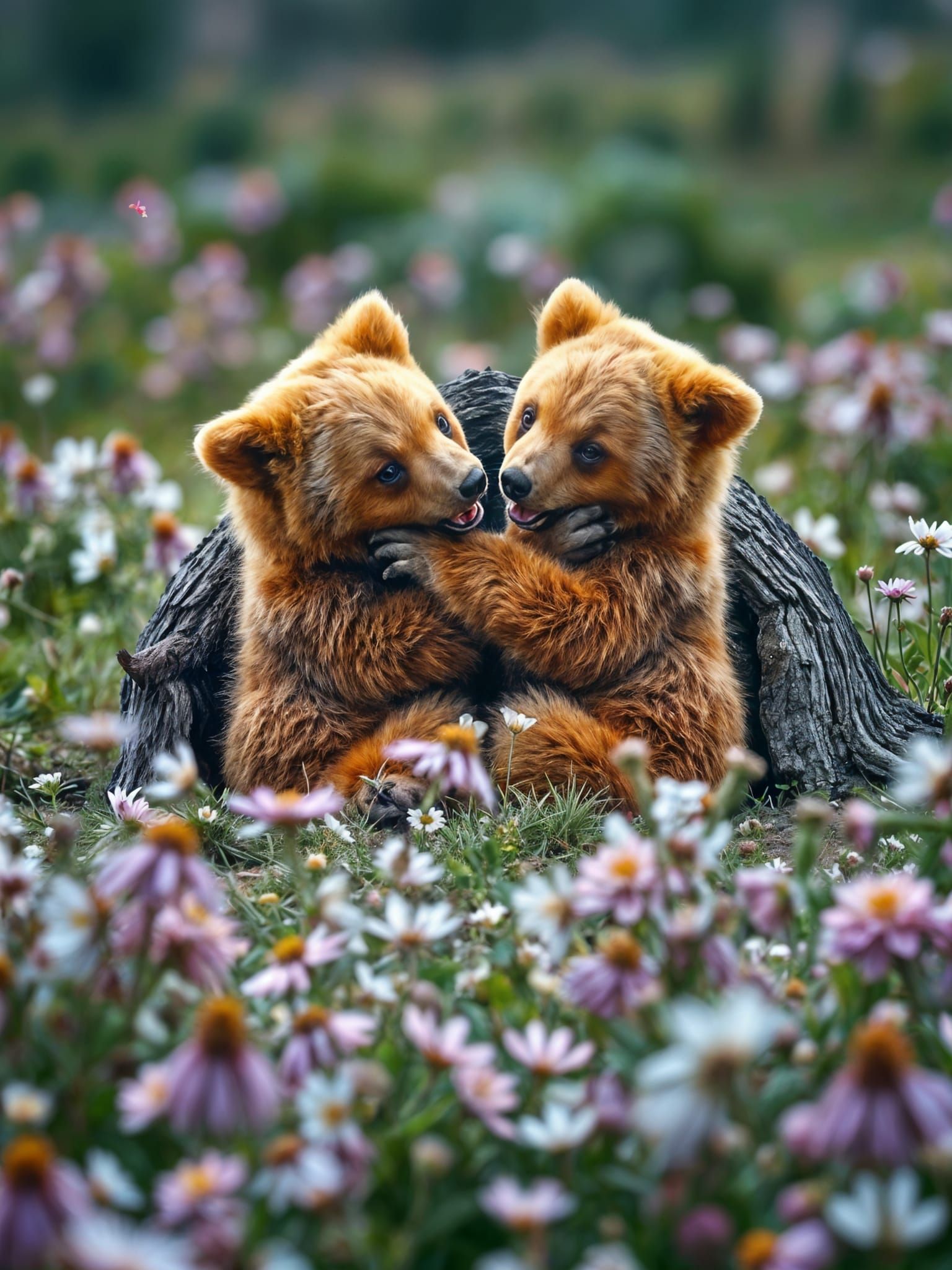 Surreal Bear Cubs Tumble in Dreamy Wildflower Landscape