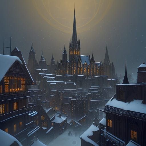 Steampunk Christmas Cityscape with Copper Plated Orrery and...