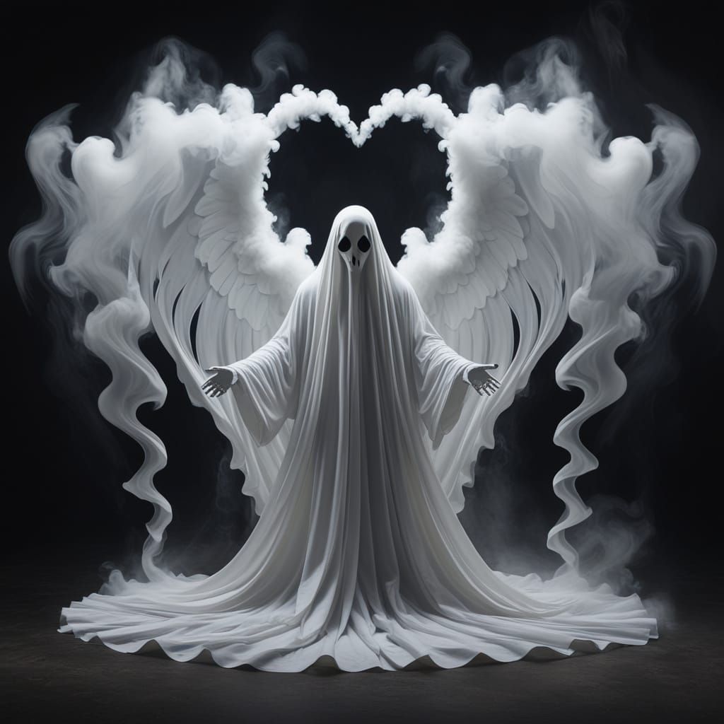 Surreal Ghost Figure with Winged Heart Smoke