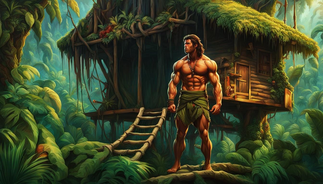Tarzan in Jungle Treehouse Ready to Shout