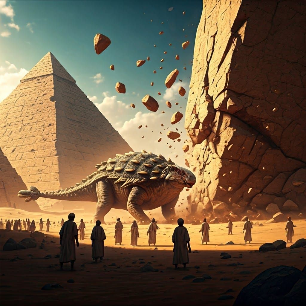 Ankylosaurus Smashes Boulder in Mystical Desert Scene