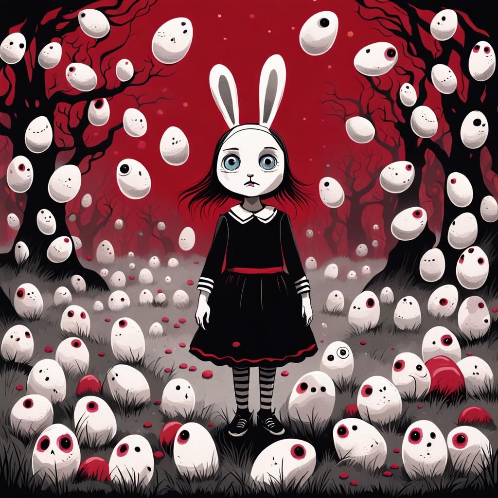 Creepy Cute Girl and Bunny in Tim Burton Style