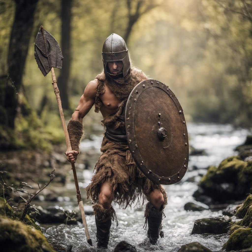 Sumerian Warrior with Spear by Forest Stream