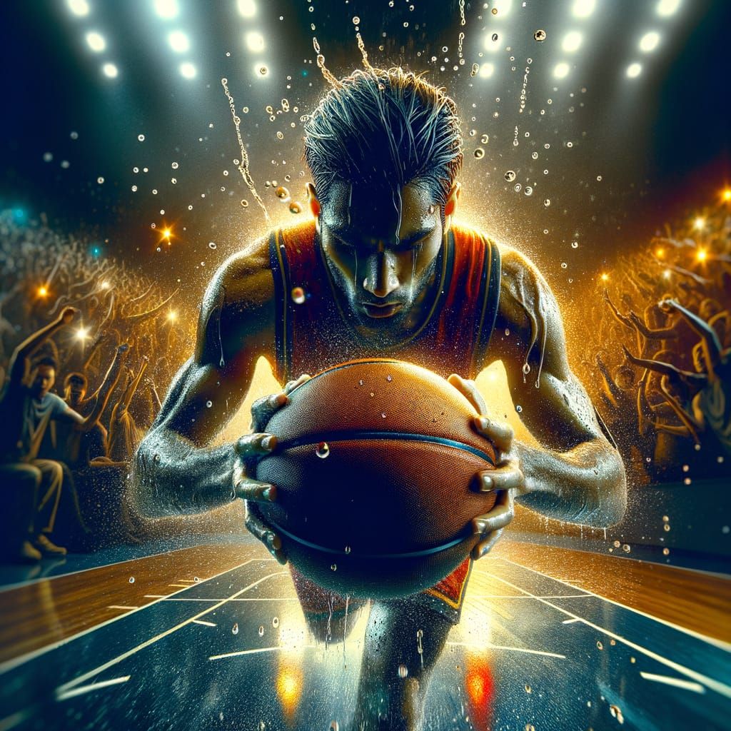 A hyperrealistic basketball hurtling through the air, suspended in a moment of intense action, with droplets of sweat an...
