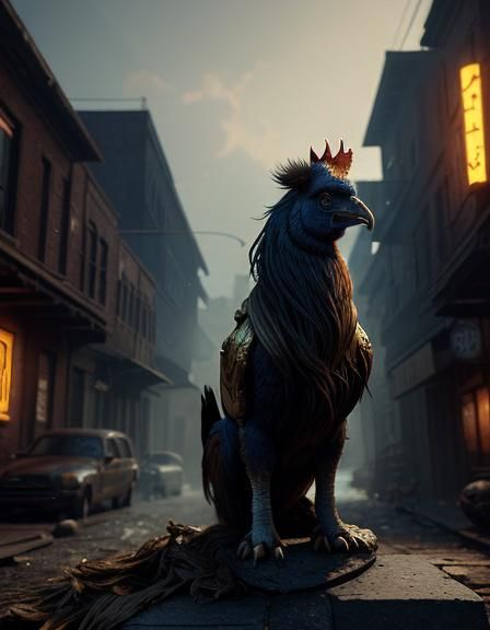 Vibrant Rooster on Cat and Dog in City Alley