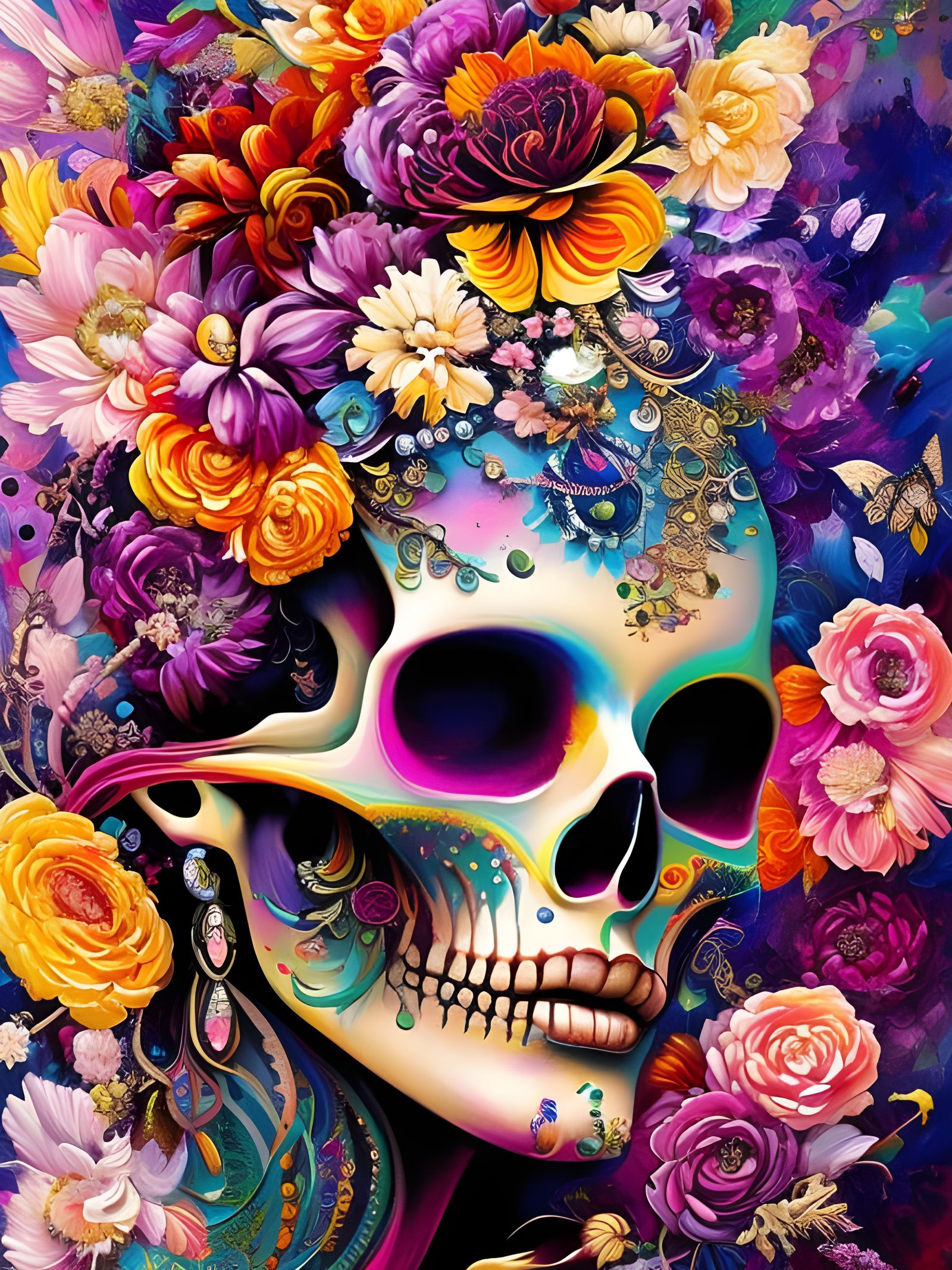 Vibrant Skull and Goddess Portrait in Impasto Style