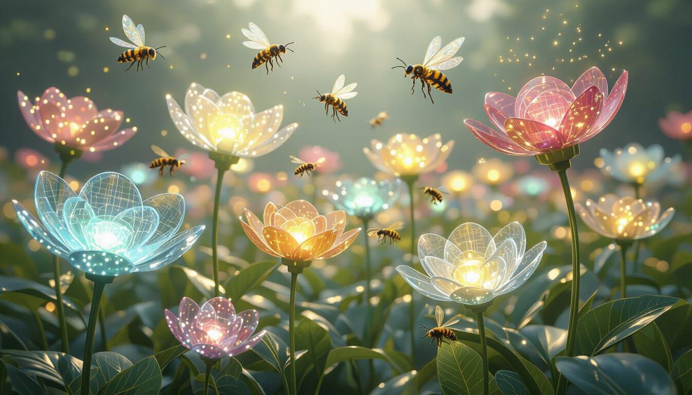 Futuristic Garden of Glowing Tech Flowers & Mechanical Bees
