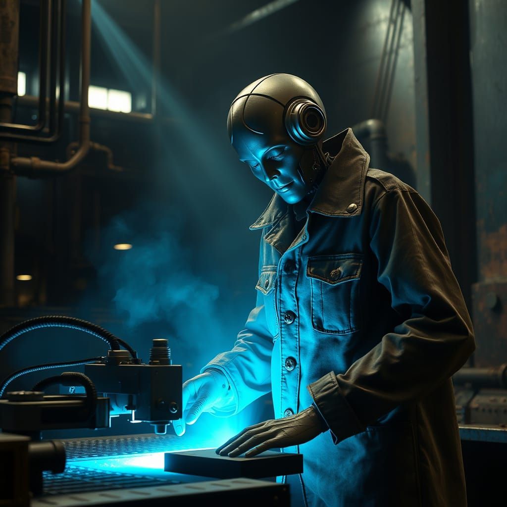 Humanoid in Labcoat Operates Massive Steel Lasercutter in Da...