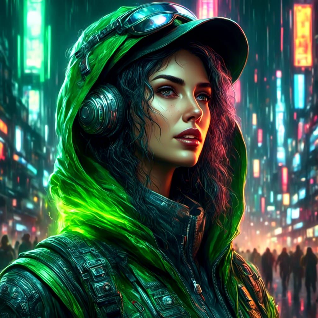 Cyberpunk Rogue Lady in Green Leather Hood