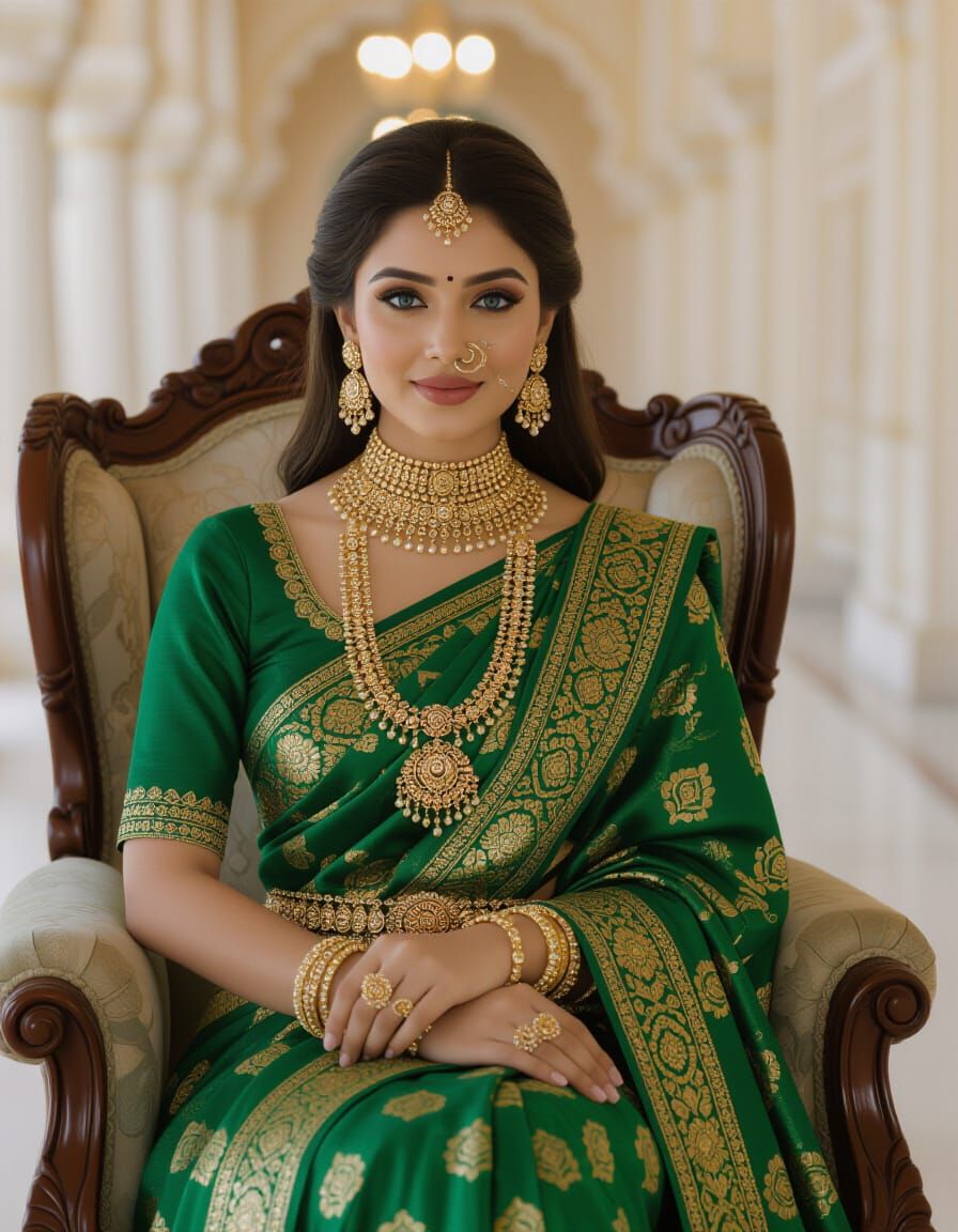 Elegant Indian Bride in Emerald Saree, Hyperrealistic Portra...